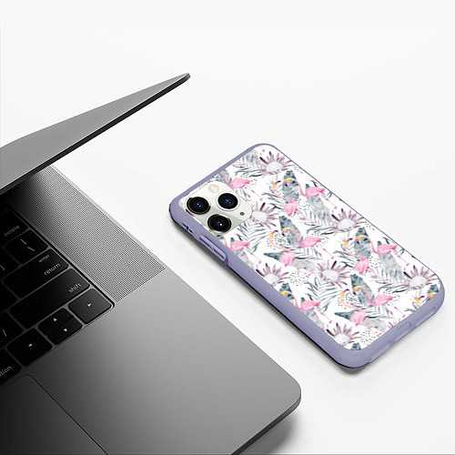 Чехол iPhone 11 Pro матовый Тропические фламинго / 3D-Светло-сиреневый – фото 3