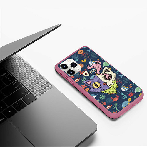 Чехол iPhone 11 Pro матовый Cat skull - art / 3D-Малиновый – фото 3