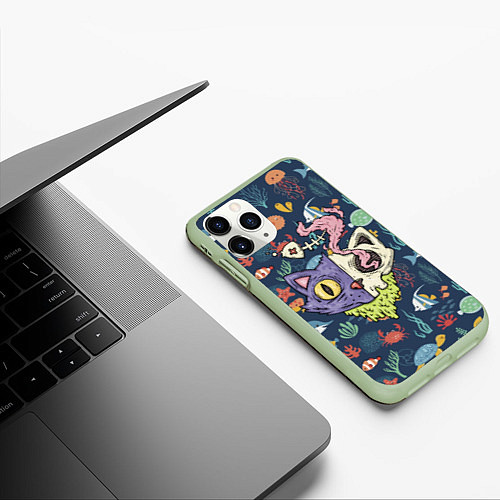 Чехол iPhone 11 Pro матовый Cat skull - art / 3D-Салатовый – фото 3