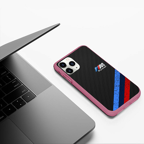 Чехол iPhone 11 Pro матовый BMW КАРБОН / 3D-Малиновый – фото 3