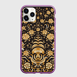 Чехол iPhone 11 Pro матовый Золотые единороги и цветы, цвет: 3D-фиолетовый