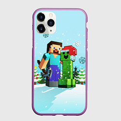 Чехол iPhone 11 Pro матовый MINECRAFT НОВОГОДНИЙ, цвет: 3D-фиолетовый