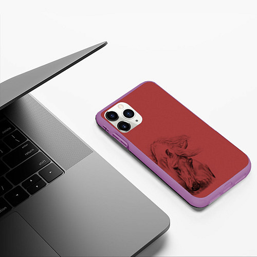 Чехол iPhone 11 Pro матовый Конь на красном фоне / 3D-Фиолетовый – фото 3