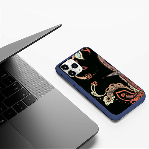 Чехол iPhone 11 Pro матовый Расписной узор / 3D-Тёмно-синий – фото 3
