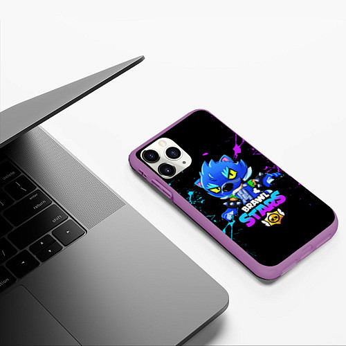 Чехол iPhone 11 Pro матовый Brawl Stars LEON / 3D-Фиолетовый – фото 3