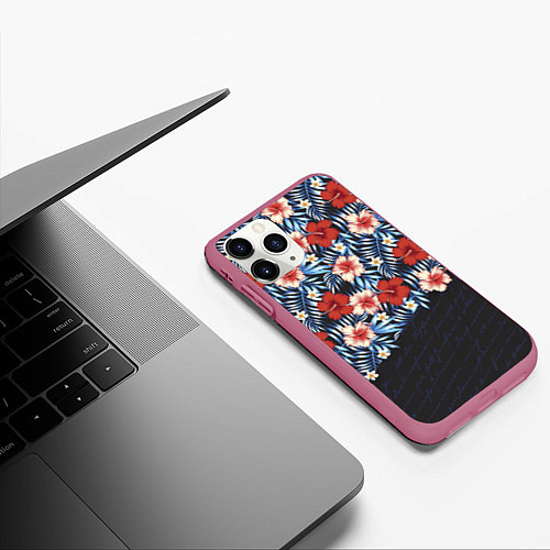 Чехол iPhone 11 Pro матовый Flowers with inscriptions / 3D-Малиновый – фото 3