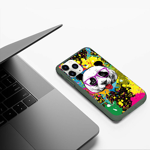 Чехол iPhone 11 Pro матовый Панда хипстер в брызгах краски / 3D-Темно-зеленый – фото 3