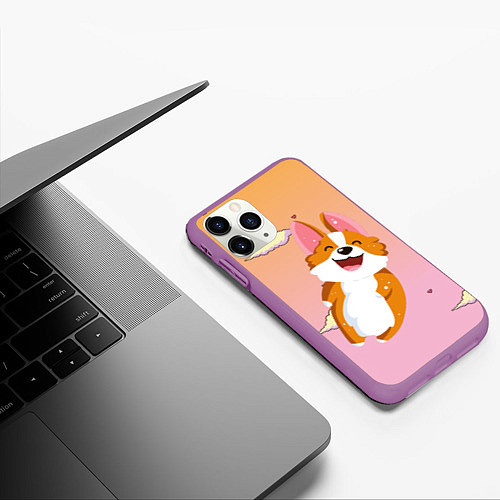Чехол iPhone 11 Pro матовый Милый корги / 3D-Фиолетовый – фото 3