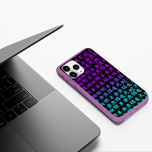Чехол iPhone 11 Pro матовый НЕОНОВЫЕ ИЕРОГЛИФЫ / 3D-Фиолетовый – фото 3