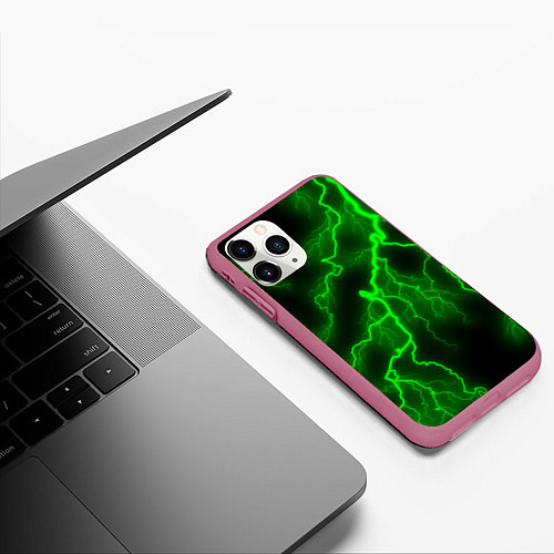 Чехол iPhone 11 Pro матовый МОЛНИЯ GREEN NEON / 3D-Малиновый – фото 3