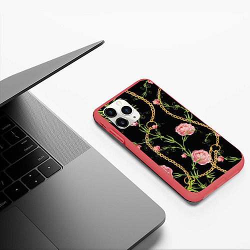 Чехол iPhone 11 Pro матовый Versace Золотая цепь и розы / 3D-Красный – фото 3