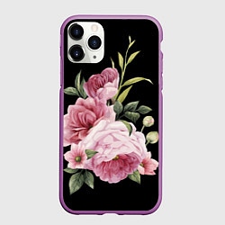 Чехол iPhone 11 Pro матовый Пионы на чёрном