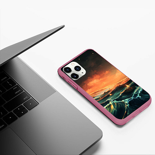 Чехол iPhone 11 Pro матовый Фэнтези море корабли закат / 3D-Малиновый – фото 3