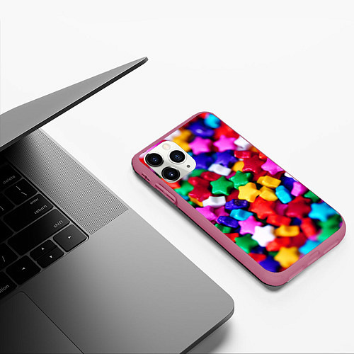 Чехол iPhone 11 Pro матовый Разноцветные звездочки звезды / 3D-Малиновый – фото 3