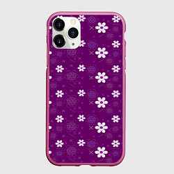 Чехол iPhone 11 Pro матовый Узор цветы на фиолетовом фоне, цвет: 3D-малиновый