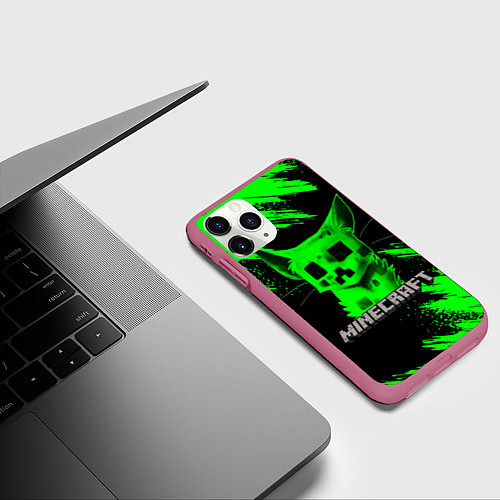 Чехол iPhone 11 Pro матовый MINECRAFT CREEPER CAT / 3D-Малиновый – фото 3