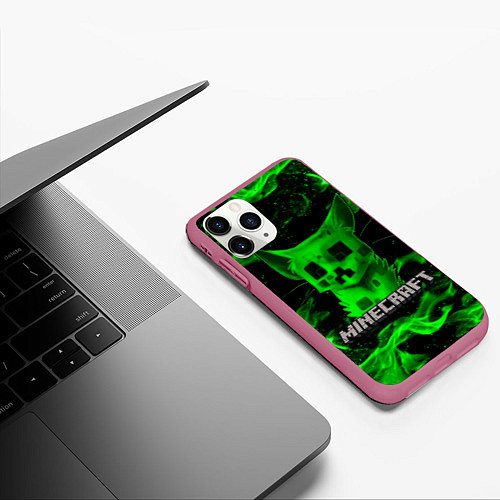 Чехол iPhone 11 Pro матовый MINECRAFT CREEPER CAT / 3D-Малиновый – фото 3