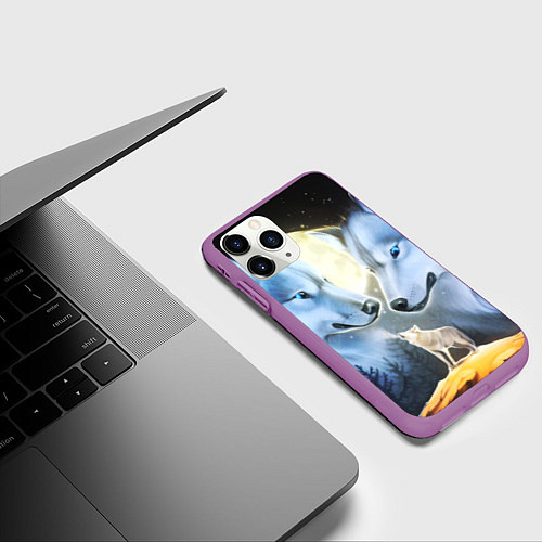 Чехол iPhone 11 Pro матовый ВОЛК В НОЧИ D / 3D-Фиолетовый – фото 3