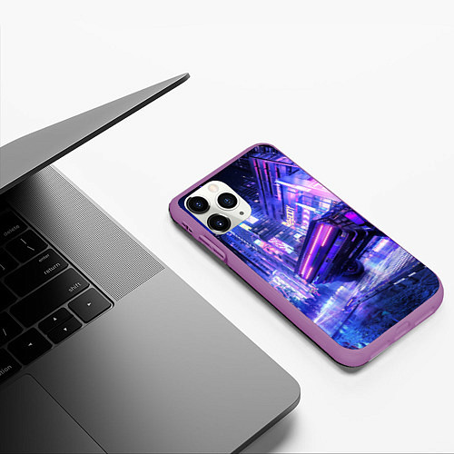 Чехол iPhone 11 Pro матовый Cyberpunk city / 3D-Фиолетовый – фото 3