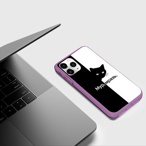 Чехол iPhone 11 Pro матовый Черный кот / 3D-Фиолетовый – фото 3