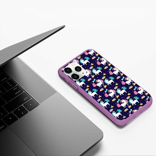 Чехол iPhone 11 Pro матовый Unicorn pattern / 3D-Фиолетовый – фото 3