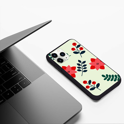 Чехол iPhone 11 Pro матовый Цветы, ягоды, листья / 3D-Черный – фото 3