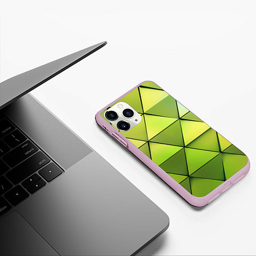 Чехол iPhone 11 Pro матовый Зелёные треугольники / 3D-Розовый – фото 3