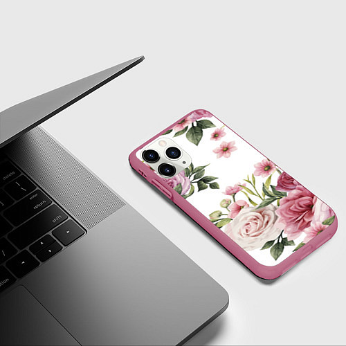 Чехол iPhone 11 Pro матовый Розовые розы / 3D-Малиновый – фото 3