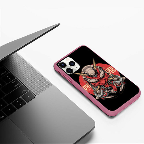 Чехол iPhone 11 Pro матовый Cyber Oni Samurai / 3D-Малиновый – фото 3