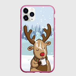 Чехол iPhone 11 Pro матовый Олень с кружкой, цвет: 3D-малиновый