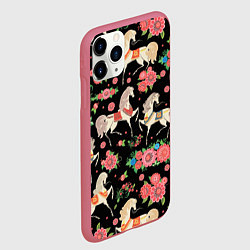 Чехол iPhone 11 Pro матовый Лошади и цветы, цвет: 3D-малиновый — фото 2