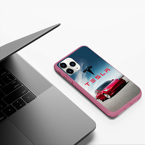 Чехол iPhone 11 Pro матовый Tesla Model 3 / 3D-Малиновый – фото 3