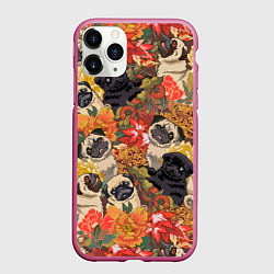 Чехол iPhone 11 Pro матовый Мопсики Цветочки, цвет: 3D-малиновый