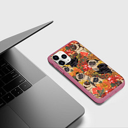 Чехол iPhone 11 Pro матовый Мопсики Цветочки, цвет: 3D-малиновый — фото 2