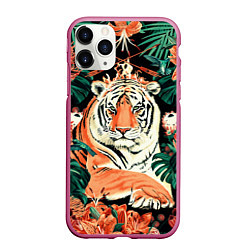 Чехол iPhone 11 Pro матовый Огненный Тигр в Цветах, цвет: 3D-малиновый