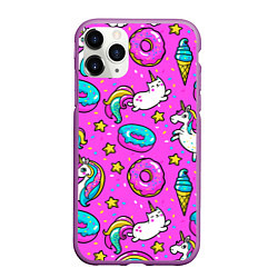 Чехол iPhone 11 Pro матовый Единороги с пончиками, цвет: 3D-фиолетовый
