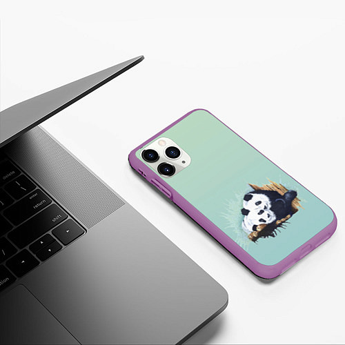 Чехол iPhone 11 Pro матовый Акварельные панды / 3D-Фиолетовый – фото 3