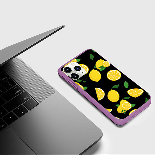 Чехол iPhone 11 Pro матовый Лимоны на чёрном / 3D-Фиолетовый – фото 3
