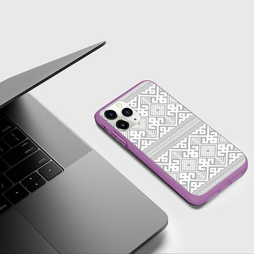 Чехол iPhone 11 Pro матовый Русские народные узоры / 3D-Фиолетовый – фото 3
