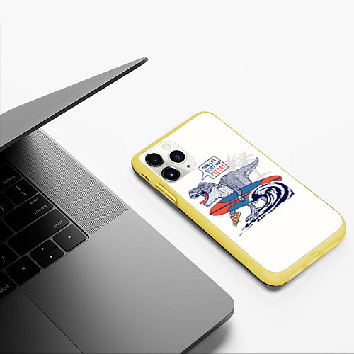 Чехол iPhone 11 Pro матовый T-rex на серфинге / 3D-Желтый – фото 3