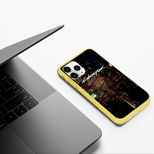 Чехол iPhone 11 Pro матовый Киберпанк - Город в паутинке / 3D-Желтый – фото 3