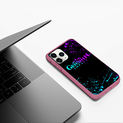 Чехол iPhone 11 Pro матовый GENSHIN IMPACT NEON LOGO / 3D-Малиновый – фото 3