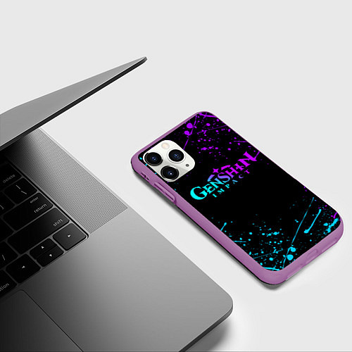Чехол iPhone 11 Pro матовый GENSHIN IMPACT NEON LOGO / 3D-Фиолетовый – фото 3