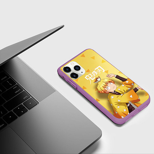 Чехол iPhone 11 Pro матовый Zenitsu Agatsuma Kimetsu no Yaiba / 3D-Фиолетовый – фото 3