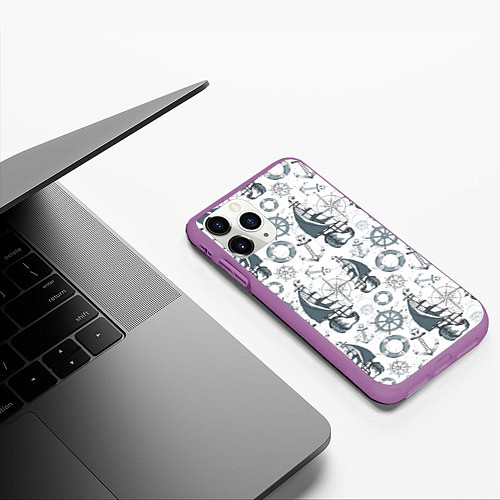 Чехол iPhone 11 Pro матовый Морской узор Nautical Pattern / 3D-Фиолетовый – фото 3