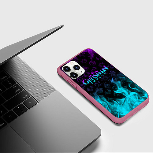 Чехол iPhone 11 Pro матовый GENSHIN IMPACT НЕОНОВЫЙ ОГОНЬ / 3D-Малиновый – фото 3