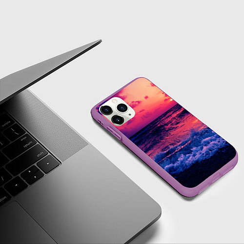 Чехол iPhone 11 Pro матовый Закат на берегу / 3D-Фиолетовый – фото 3