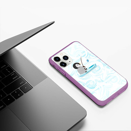 Чехол iPhone 11 Pro матовый Пингвин рыбачит / 3D-Фиолетовый – фото 3
