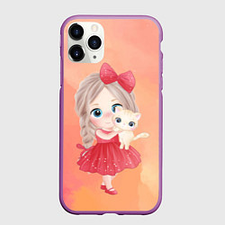 Чехол iPhone 11 Pro матовый Девочка и кот, цвет: 3D-фиолетовый