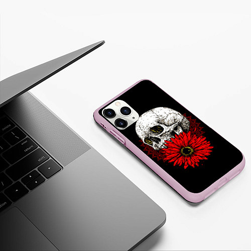 Чехол iPhone 11 Pro матовый Череп и Красный Цветок Skull / 3D-Розовый – фото 3